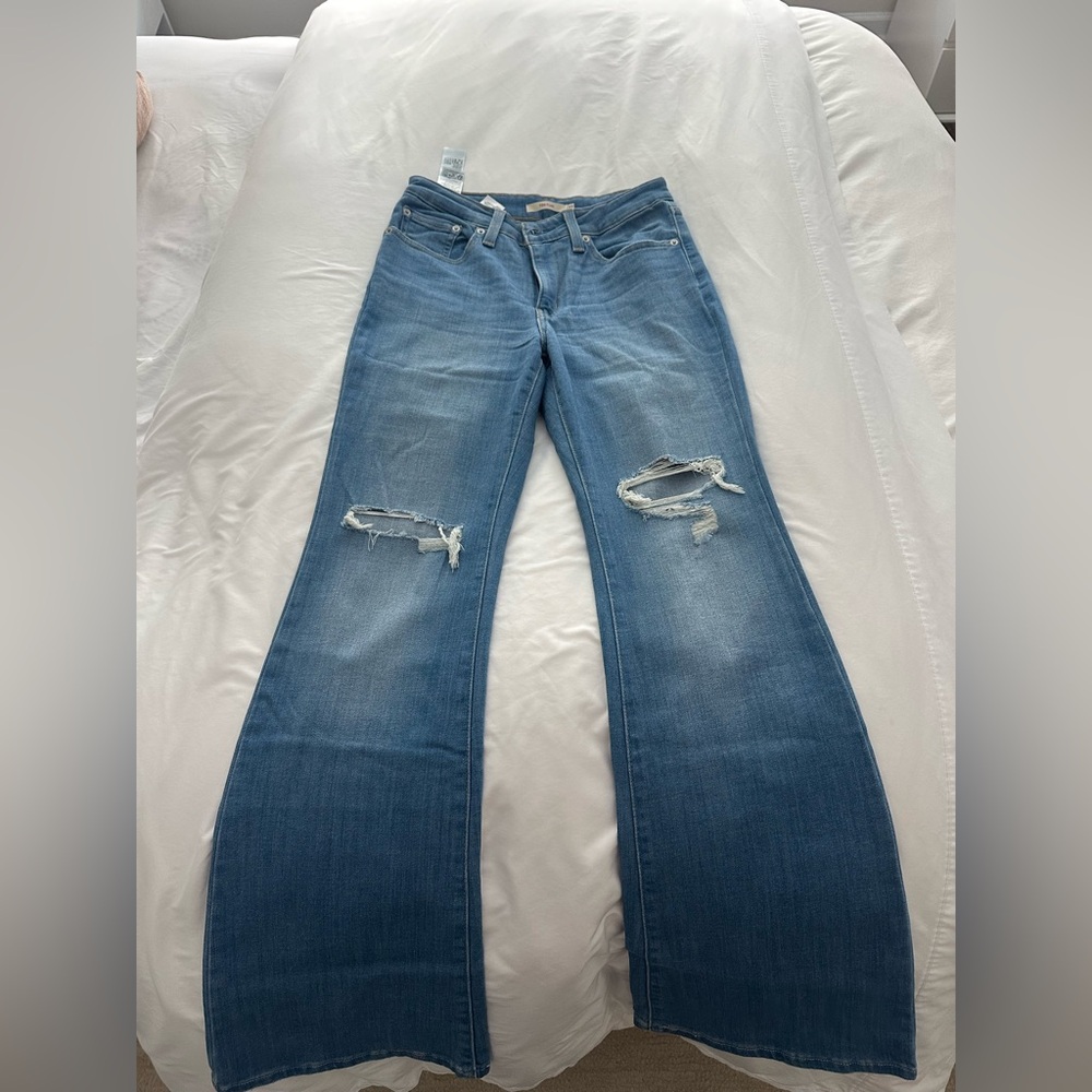 Levi's Medium Blue Distressed Wide-Leg Flare Jeans
